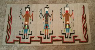 Vintage Native American Navajo Yei Rug? W/three Tie,  Bows And Arrows 31 " X 63 "