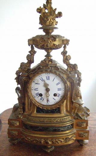 Antique French Style Gilt Bronze Mantel Clock With Marble Inlays