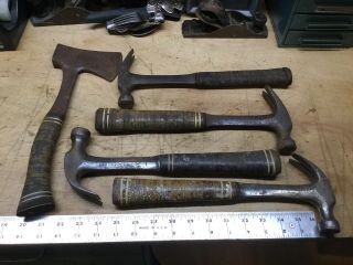 5 Vintage Carpenter Hammers Leather Handles Estwing,  Malco