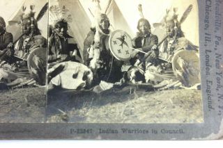 Native American Indian Warriors In Council Stereoview Keystone Card