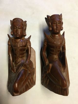 Vintage Indonesian Hand Carved Wood Bookends Of Balinese God And Goddess?