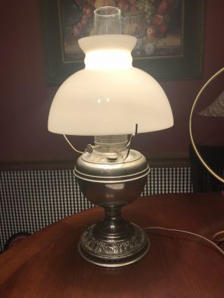 Vtg.  Bradley & Hubbard Lamp Oil Lantern - B&h Ornate Milk Glass Shade Electrifed