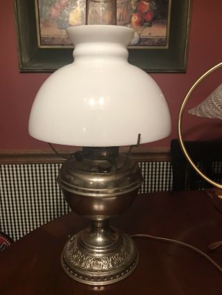 VTG.  Bradley & Hubbard Lamp Oil Lantern - B&H Ornate MILK GLASS SHADE ELECTRIFED 2