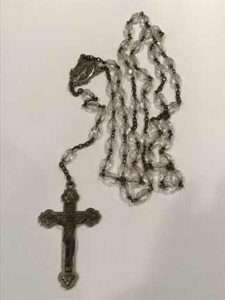 Vintage Rosary Crucifix Cross Jesus Mary - Clear Beaded Italy (damage)