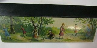 Antique Vintage Wooden Hand Paint Brush Pencil Box School Days Children playing 2