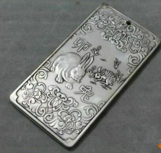 Old Chinese Tibet Silver Chinese Zodiac Rabbit Bullion Thanka Amulet Pendant