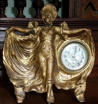 Antique Metal Art Nouveau Flamboyant Lady Mantel Clock For Repair