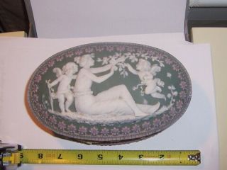 Antique 3 Color Jasperware Oval Box Cupids And Goddess Garlands 7.  5 Inch Pretty