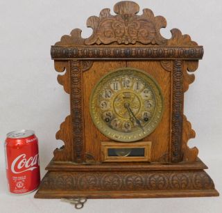Victorian Antique Ingraham Carved Eastlake Oak Wood Mantle Shelf Clock German?