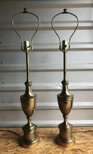 Vtg Pair Stiffel? Table Lamps Hollywood Regency Mid Century Brass Trophy Urn 32”