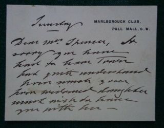 Antique Royal Marlborough Club Card Signed By King Edward Vii To Anne Spencer