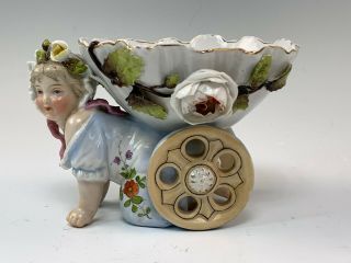 Antique German Porcelain Crawling Piano Baby Girl W/ Upturned Shell Bowl