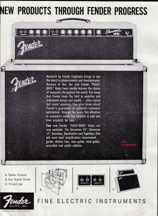 1961 Fender " Piggy - Back Amps " Vintage Print Advertisement