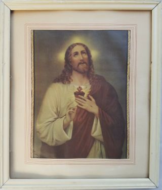 Vintage Print Antique Lithograph Jesus Holding The Sacred Heart 1895 Signed