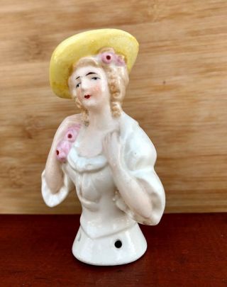 Half - Doll Porcelain Victorian Woman Antique Germany Vintage W Large Hat