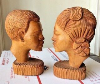 Vintage African Tribal Carved Wood Bust Man & Woman