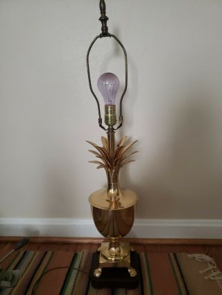 Vintage Pineapple Brass Table Lamp Carved Wood Base Footed Urn Lamp 3 - Way Switch