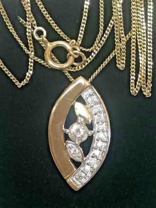 Vintage Estate 14k Gold Natural Diamond Pendant Necklace Navette Shaped Floral