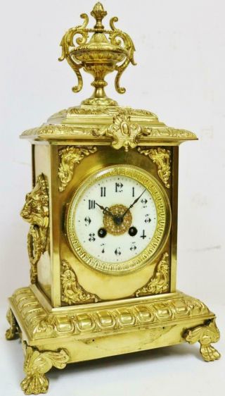 Antique French 8 Day Bronze Ormolu Ornate Architectural Cube Style Mantel Clock