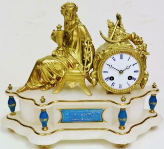 Antique French 8 Day Striking Gilt Metal Lady Figurine & Alabaster Mantle Clock