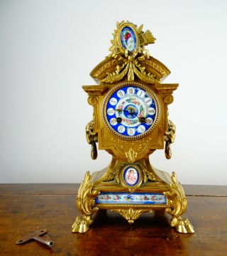 Antique Victorian French Sevres Porcelain Bronze Mantel Clock By Samuel Marti
