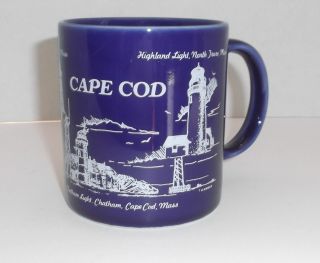 Cape Cod Lighthouses Mug Blue And White Ceramic 10 Ounces Chatham Eastham Ptown