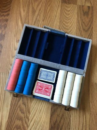 Red,  White,  Blue Clay Game Chips W/ Top Hat & Velvet Carrying Case 300ct Vintage