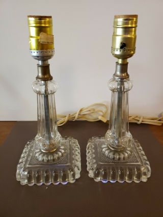 Vintage Mid Century Clear Cut Glass Table Lamps Pair 10 "
