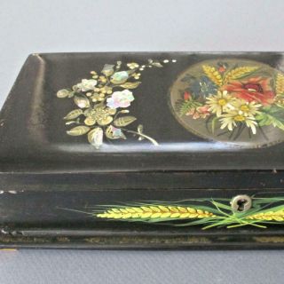 Antique Victorian Black Lacquer Papier Mache 10 " Box Mop Inlay Hp Flowers Wheat