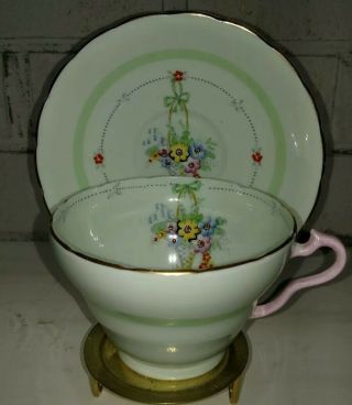 Wellington Fine Bone China Pale Green Flower Basket Tea Cup & Saucer Pink Handle