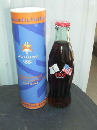 2002 Coca - Cola Olympic Winter Games Flags Salt Lake City 8oz Bottle W/tube