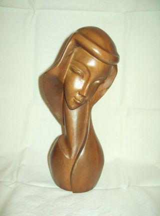 Mcm Wood Carved Lady Sculpture Statue Bust Robe Head Covering Rare Mid Century