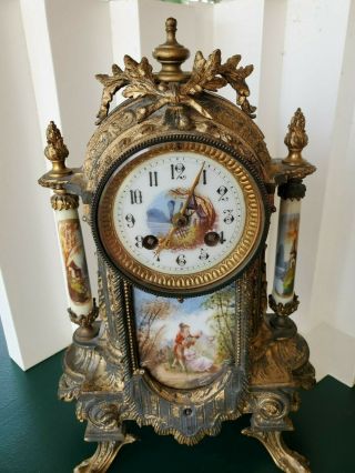 French Gilt Mantle Clock With Painted Panels For Restoration