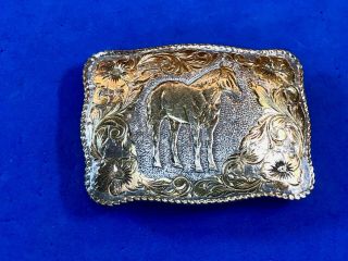 Vintage San Carlos Crumrine Jeweler ' s 22k On Sterling Silver Horse Belt Buckle 2