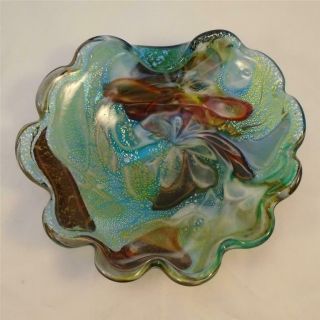 Vintage Murano Art Glass Aqua Ruffle Candy Dish Bowl Tray Italy Hm