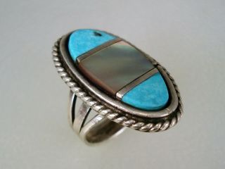 Old Zuni Navajo Sterling Silver & Turquoise Mother - Of - Peral Inlay Ring Sz 7