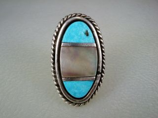 OLD ZUNI NAVAJO STERLING SILVER & TURQUOISE MOTHER - OF - PERAL INLAY RING sz 7 2