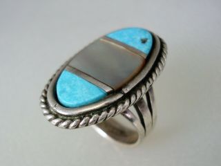 OLD ZUNI NAVAJO STERLING SILVER & TURQUOISE MOTHER - OF - PERAL INLAY RING sz 7 3