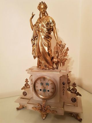 Large 19th Century French Gilt & White Stone Figural Mantel Clock.