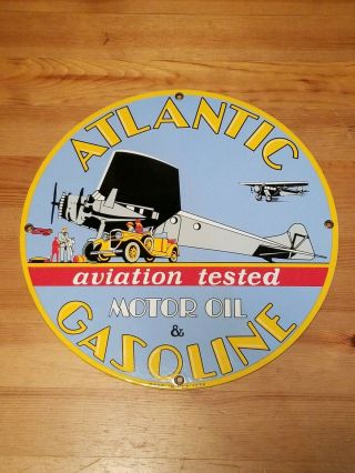 Vtg Atlantic Motor Oil & Gasoline Advertising Porcelain Pump Plate Sign - 12”