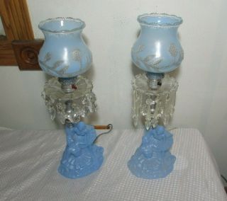 Vintage Art Deco Blue Glass Lady Lamps With Glass Shade & Prism Boudoir