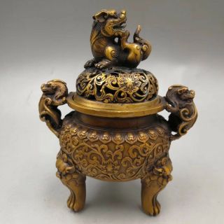 Exquisite Chinese Antique Old Copper Hand - Made Lion Incense Burner Rt