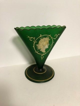 Rare Antique Green Art Glass Scalloped Fan Vase Mercury Hermes Goddess Cameo 6 "