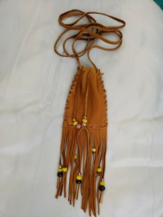 Handmade Tan Leather Deerskin Medicine Bag Pouch Glass Beaded Fringe Yellow