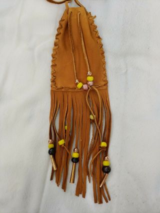 Handmade Tan Leather Deerskin Medicine Bag Pouch Glass Beaded Fringe Yellow 2
