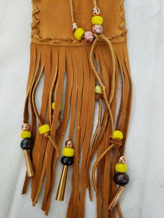 Handmade Tan Leather Deerskin Medicine Bag Pouch Glass Beaded Fringe Yellow 3