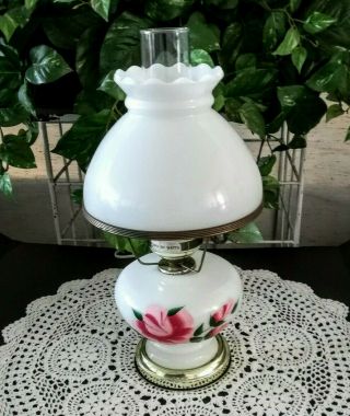 Milk Glass Hurricane Lamp - Hand Painted Pink Roses - Vintage Table Lamp