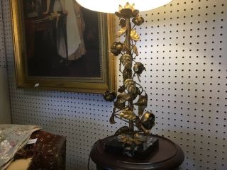Vintage - Italian - Mid Century - Table Lamp - W/ Gilded Metal Rose - Vines - Marble Base