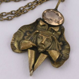 Vtg 1920’s Antique Art Nouveau Lady Glass Pendant Necklace