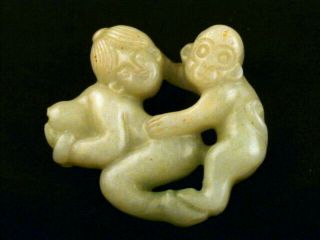 Wow Chinese Nephrite Jade Monkey & Woman Pendant W193